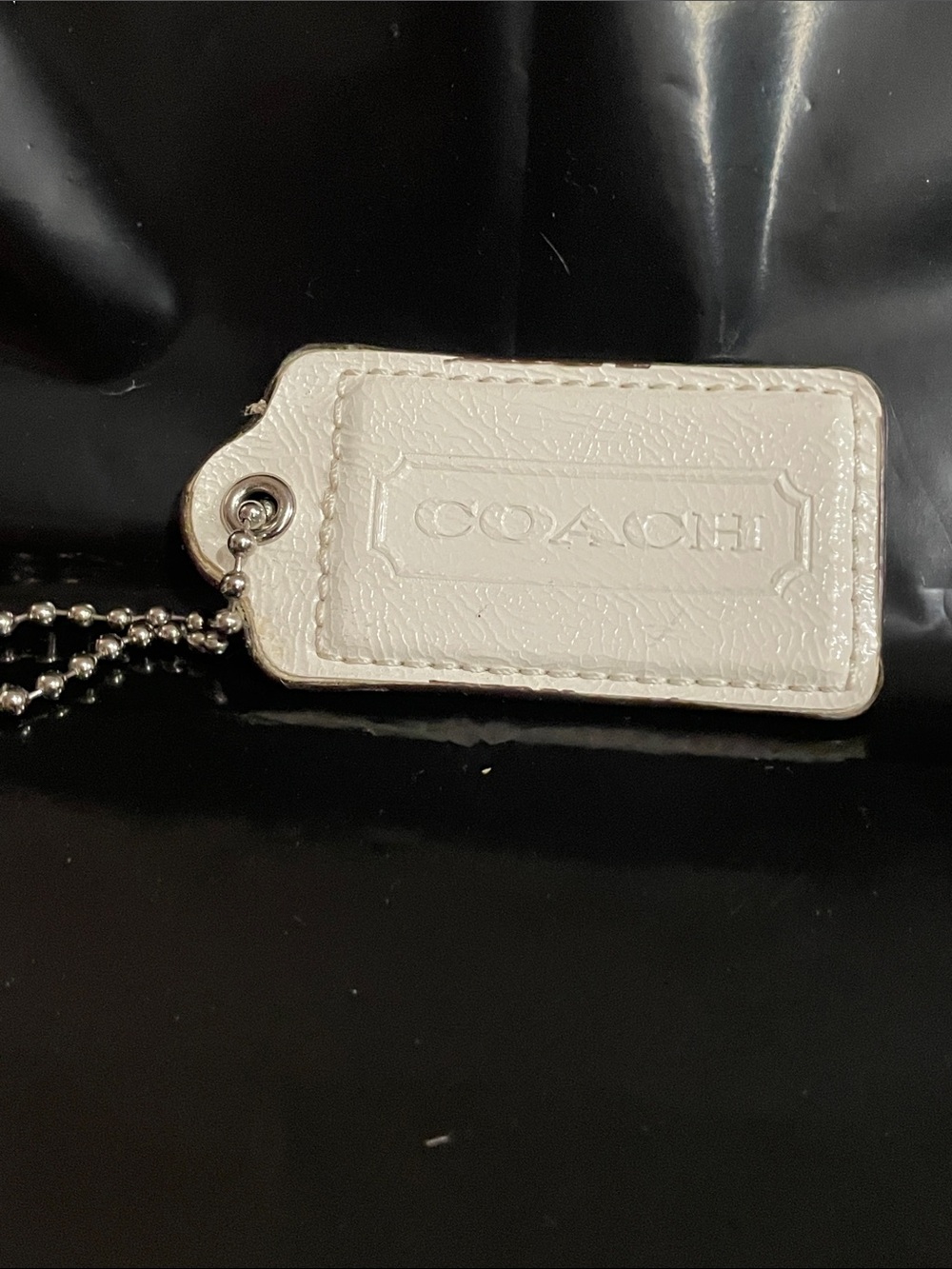 Coach Cream Leather Logo Tag Keychain with Silver Chain